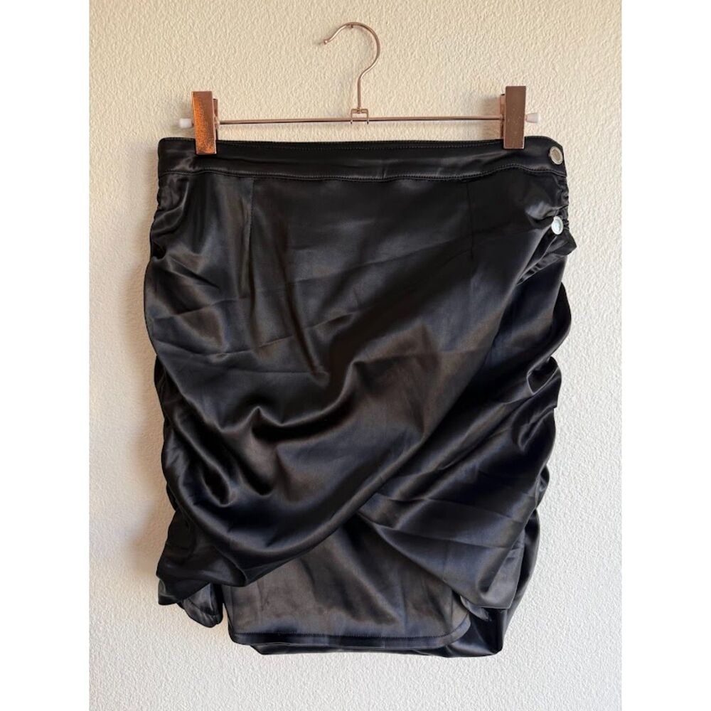 Maniere De Voir Black Satin Ruched Wrap Mini Skirt in Black & Silver size 6 UK10